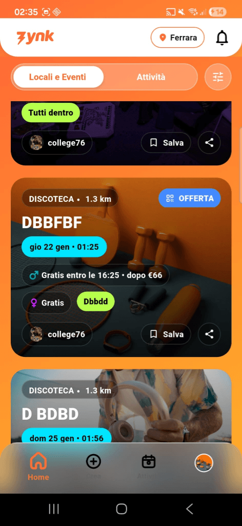 Anteprima interfaccia app Zynk - Lista eventi e locali